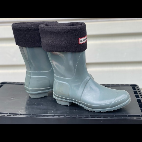 Hunter Original Short Gloss Grey Rain Boots with Hunter sock liner Women size 10 - Picture 5 of 9